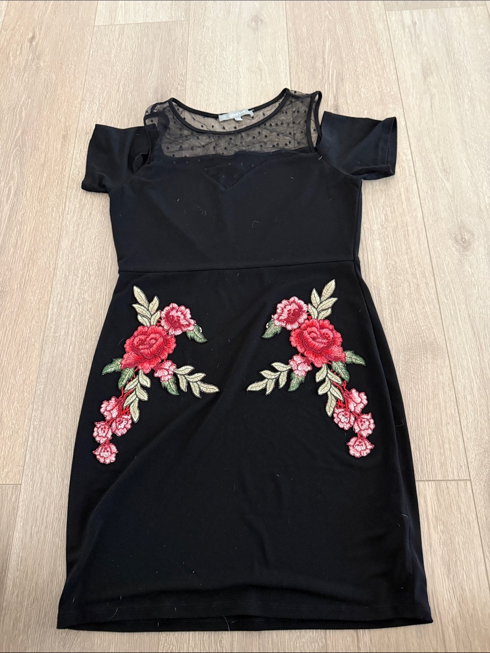 Sweet Rain Black Dress with Red Floral Embroidery